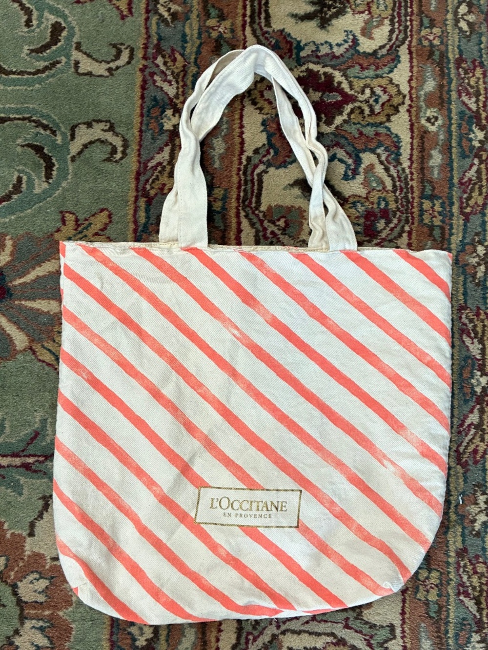L'Occitane En Provence Striped Canvas Tote Bag Beige